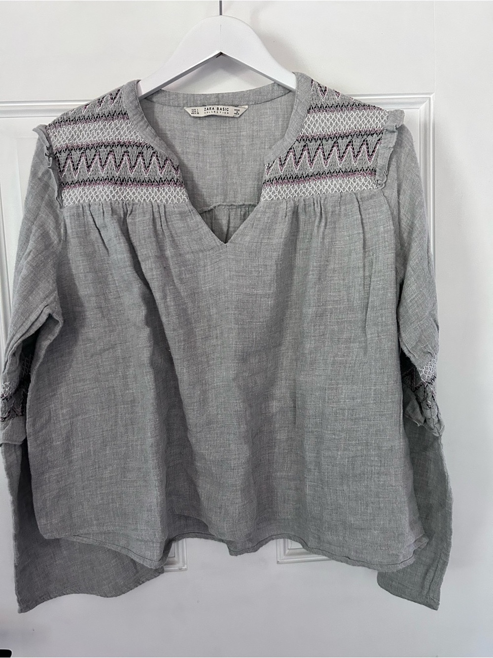 Zara Gray Smocked Yoke Tunic with Subtle Pink Accent